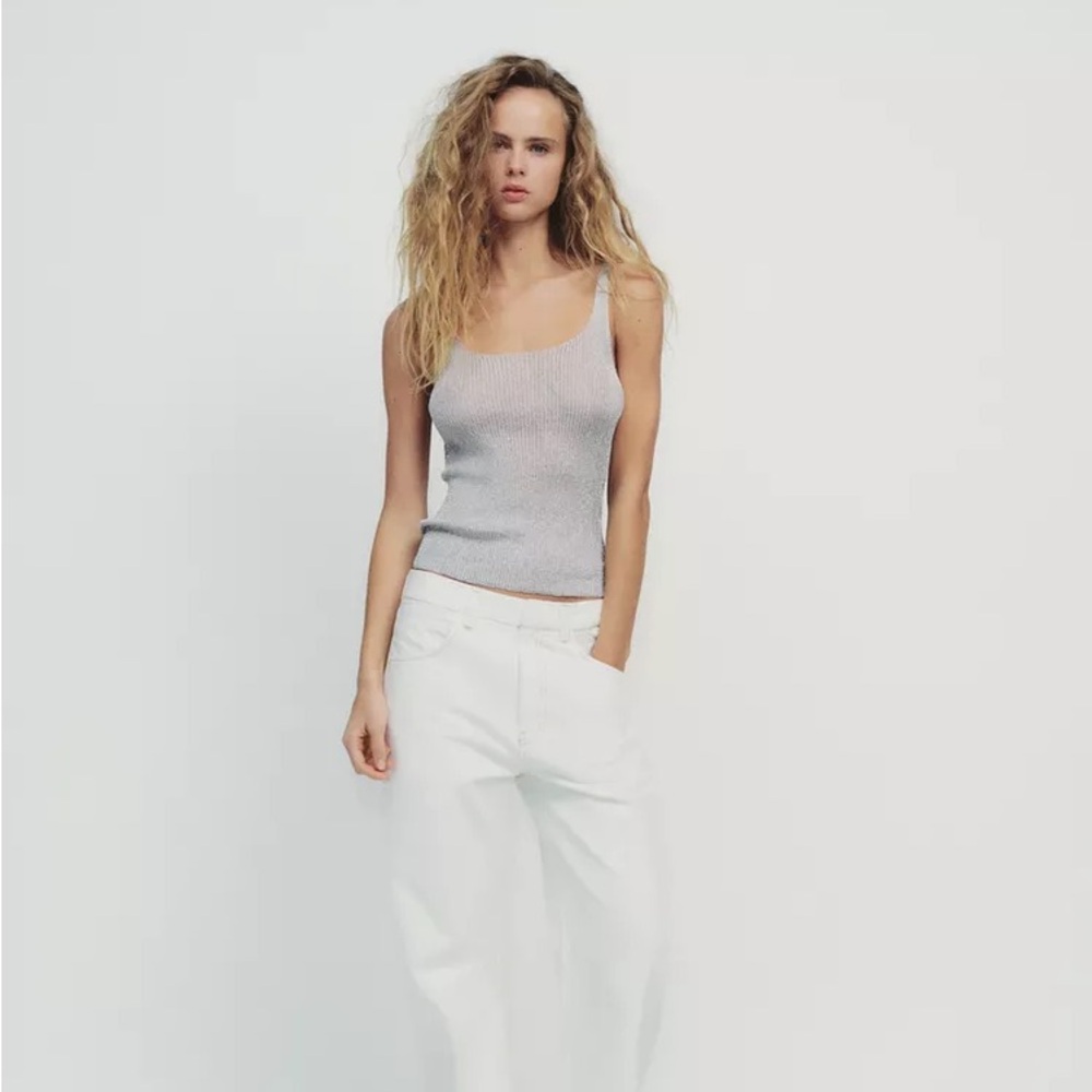 Zara Silver Ribbed Camisole Fitted Sleeveless